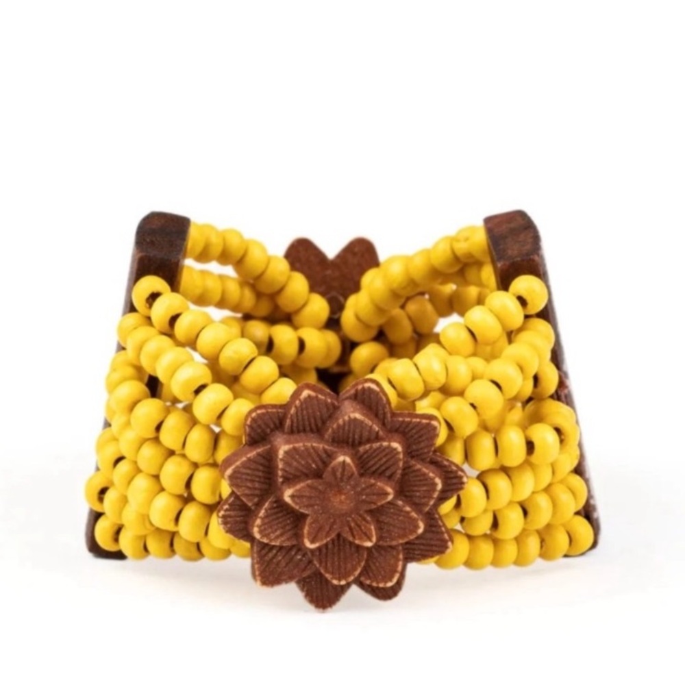 Natural brown and yellow wood bead stretch bracelet